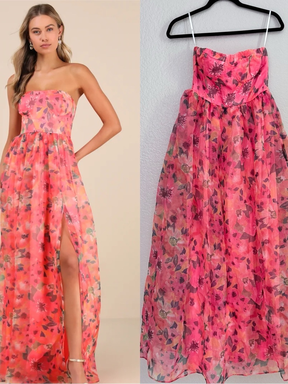 Lulus Wonderful Waltz Coral Floral Print Strapless Bustier Maxi Dress